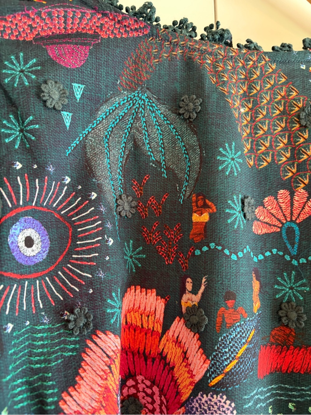 Farm Rio NWT Teal River Creatures Puff Sleeve Blouse Floral Embroidered Size S - Picture 5 of 15